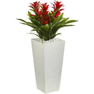 N?sten naturlig kunstig tredobbelt Bromeliad -plante i White Tower Planter 16 """" DX16 WX26 H R?d