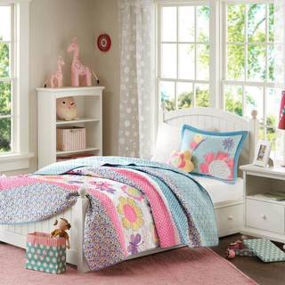 Mi Zone Kids Crazy Daisy Sengetøj til piger Reversible Quilt Set - Sky Blue Pink Flowers Butterfly Polka Dot