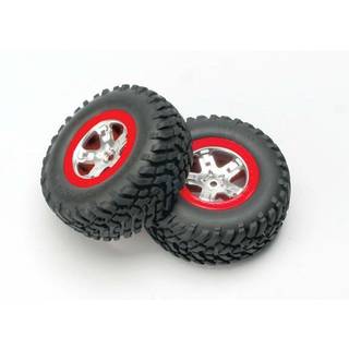 Traxxas - TRX5873A - Tires & wheels, assembled, glued (SCT, satin chrome wheels, red beadlock, (dual profile 2.2" outer 3.0" inner), SCT off-road tir