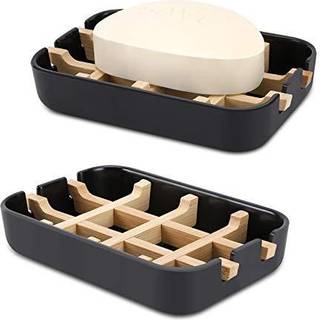 Fufengz bambus tr? s?be retter til badev?relsesstang s?beholder bruser s?be holder vask d?k badekar brusbakke (to stykker sort)