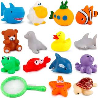15 pcs havdyr gummi bad legetøj Vand squirters med flydende badekar klemme og leg bløde havdyr og fisketilettet til baby småbørn og børn