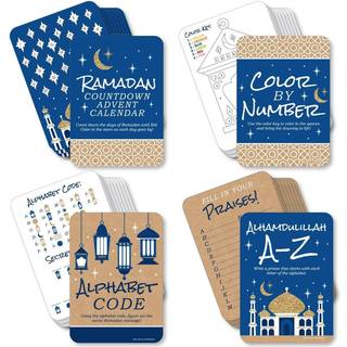 Stor prik af lykke Ramadan - 4 Eid Mubarak Party Games - 10 kort hver - Nedtælling Adventskalender Alhamdulillah A -Z Alfabetskode og farve efter