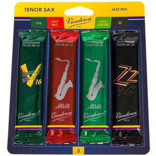 Vandoren SrMixt3 Tenor Sax Jazz Reed Mix Card inkluderer 1 hver ZZ V16 Java og Java Red Strength 3