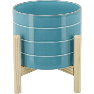 8 """" Keramisk planter p? tr?bambusstativ - moderne bl?, mens stribet design til indend?rs eller udend?rs planter sukkulenter kaktus