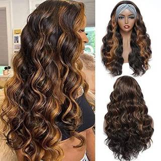 Brun pandeb?nd paryk 24 tommer lang b?lget pandeb?nd parykker til sorte kvinder m?rkebrun bland blondine h?jdepunkter l?s b?lge hovedb?nd paryk s