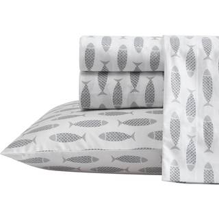 Nautica- King Sheet Set Cotton Percale Bedding Set Crisp Cool Lightweight Breathable (Woodblock Fish Grey King)