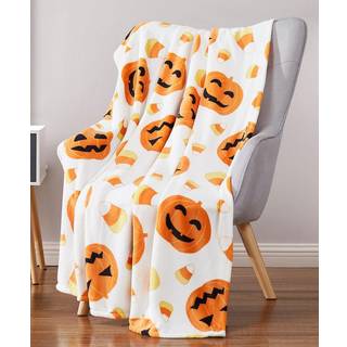 Halloween kast t?ppe: Jack O Lantern Pumpkins med Candy Corns Print p? bl?d fl?jls fleece til sovesofa stol eller sovesal