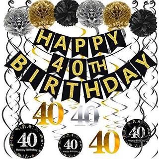 Famoby Black & Gold Glittery Happy 40th Birthday Bann