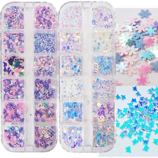 Luckforever 2 kasser chunky glitter flager hjerte stjerner kløver blad snefnug iriserende blå glitter paljet
