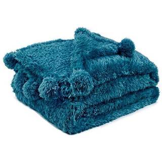 Pavilia teal bl? sherpa kast t?ppe med bl?d pom pom fryns