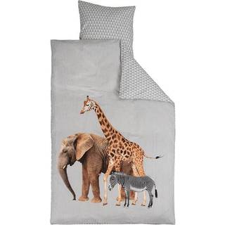 Sengetøj 140x200 cm - Giraf, elefant og zebra - 2 i 1 sengesæt - 100% Bomuld - Sengetøj børn