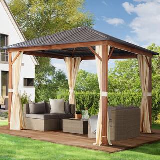 3x3m, hardtop havepavillon, inkl. 4 sidegardiner, champagnefarvet - (300182)