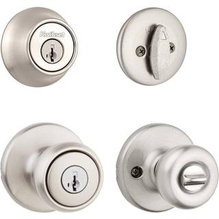 Kwikset Juno Keyed Entry Door Knob og enkelt cylinder Deadbolt Combo Pack med Microban Antimicrobial Protection med SmartKey Security i satin nik