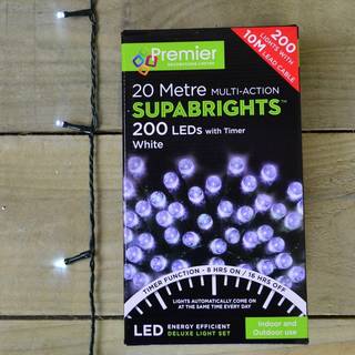 200 LED 20 m Premier Indendørs / Udendørs LED-julelys med timer, koldt hvidt lys