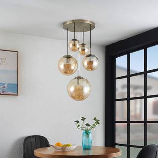 Lindby hængelampe Teeja, amber, 5 lyskilder, Ø50cm, glas, E27