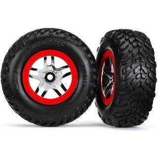 Traxxas - TRX5977 - Tires & wheels, assembled, glued (SCT Split-Spoke chrome, red beadlock style wheels, SCT off-road racing tires, inserts) (2) (fro