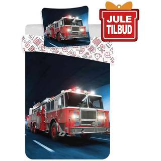 Junior sengetøj 100x140 cm - Sengesæt med brandbil - 2 i 1 design - 100% bomuld