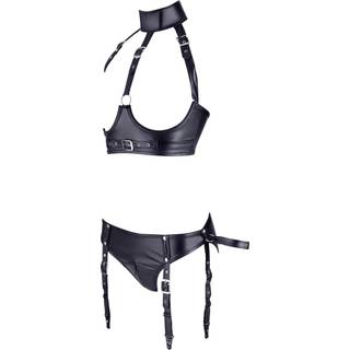 Cottelli Bondage - Skinnende bh-sæt med manchetter (sort) - XL