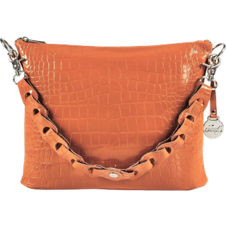Style Kiss i orange (kun få stk. på lager). Über cool clutch, håndtaske og skuldertaske i skind med flot prægning