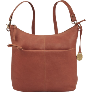 Style Malawi i flot cognacfarvet læder (kun få stk. på lager). Smuk combi rygsæk, skulder- og crossbodytaske