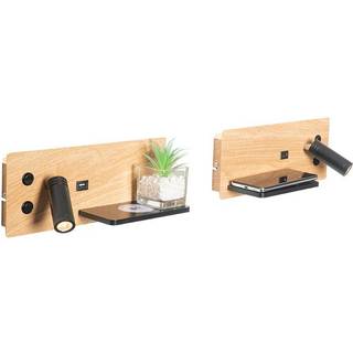 Sæt med 2 væglamper sort med træ inkl. LED med USB og induktionslader - Riza