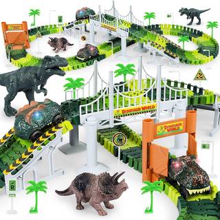 Dinosaur -spor 271 pcs Opret et Dinosaur World Road Race for Kids Boys Toys Fleksible togspor sat med 2 seje racerbiler og 2 dinosaur -leget?j ti