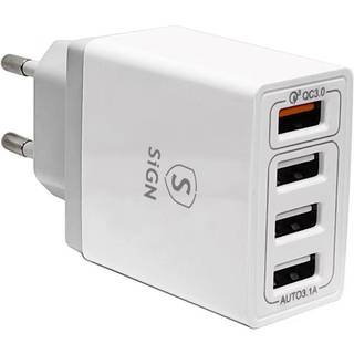 SiGN Hurtigoplader 4xUSB-A, PD & QC 3.0, 33W - Hvid