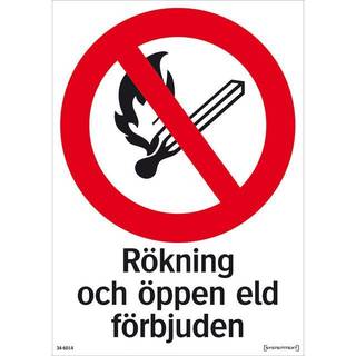 Skilt Rygning og åben ild forbudt, 297x210 mm