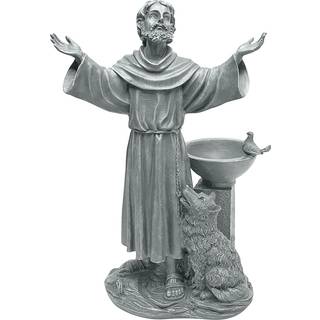 Design Toscano Sankt Frans' velsignelse Religiøs haveudsmykningsstatue med fuglebad og fuglefoder, 48 cm, Polyresin, Greystone