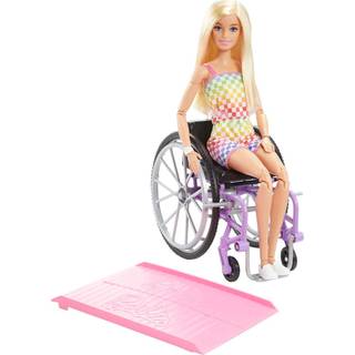 Barbie Fashionistas #194 blond dukke med ternet buksedragt, kørestol og rampe