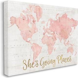Stupell Industries Hun g?r steder Citat Pink Watercolor World Map Canvas AB-961_CN_16X20 16 X 20