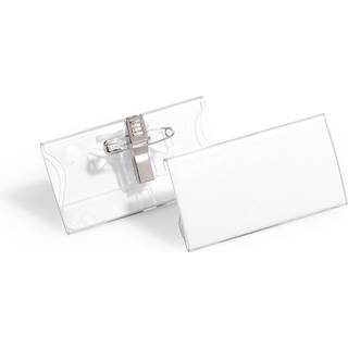 Durable navneskilt med nål og klemme 40x75mm klar