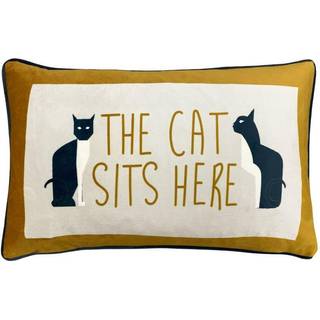 Furn furn. Ochre Yellow Kitta Sits Here Printed Velvet Cushion
