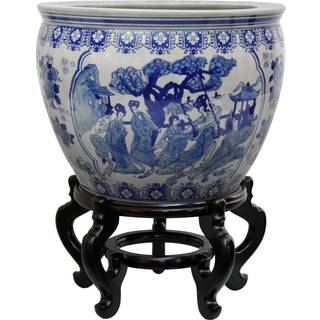 Oriental Furniture 12-tommer blå og hvid porcelæns fiskeskål - Traditionel kinesisk glaseret plantepotte, til gulv- eller stativudstilling