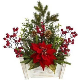 N?sten naturlig 18in. Poinsettia Succulent og Berry Artificial Arrangement i Bench Planter