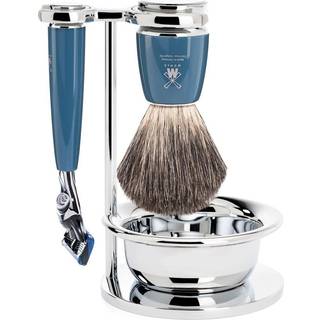 Mühle Barbersæt med Fusion Skraber, Barberkost, Holder og Skål, Rytmo, Petroleumsblå