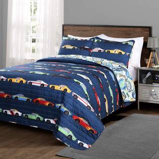 Lush Decor Race Car Kids 2-delt quilt senges?t Vendbart senges?t til drenge Navy Twin