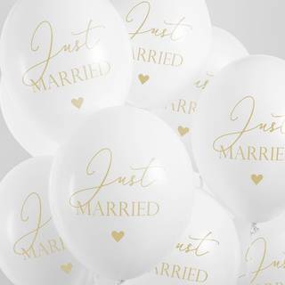 50 stk. Balloner 30 cm pastel hvid - Just Married guldtryk bryllupsdekoration elegant