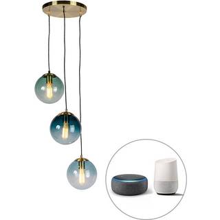 Smart hængende lampe messing inkl. 3 WiFi ST64 med blåt glas - Pallon