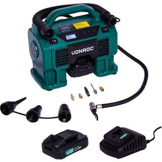VONROC Kompressor 20V - 12V | Inkl. 2x 2.0Ah akku og oplader