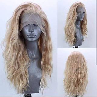 Elesty Long Natural Curly Glueless Lace Front Wig Gloden Blonde Synthetic Lace Front Wigs For Women Left Del Glueless Heat Resistent Fiber Hair D
