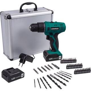 VONROC Bore-/skruemaskine 12V | Inkl. 2x akku og oplader | Inkl. 46 dele tilbehør