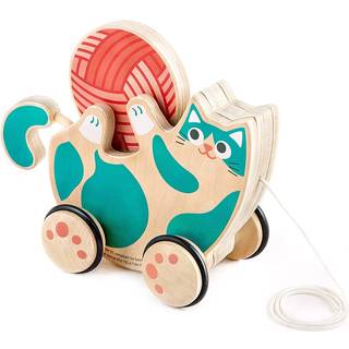 Hape Roll and Rattle Træklegetøj af træ - kat med garnnøgle