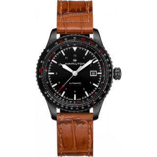 Hamilton Khaki Aviation Converter Automatic Black Dial Brown Leather Strap Men's Watch H76625530