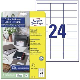 Avery 3658-10 hvide 24 pr.ark, blaek og laserprinter 64,6x33,8 10ark