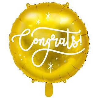 1 stk. Congrats! 18" folieballon i guld til helium eller luft med automatisk lukkesystem og genbrugsmulighed