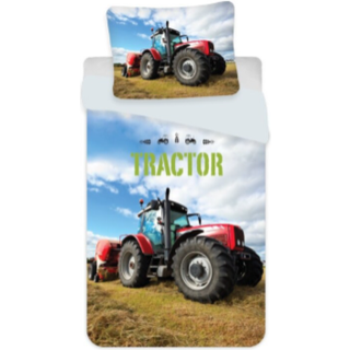 Traktor junior sengetøj 100x140 cm - sengesæt med rød traktor - 2 i 1 design - 100% bomuld
