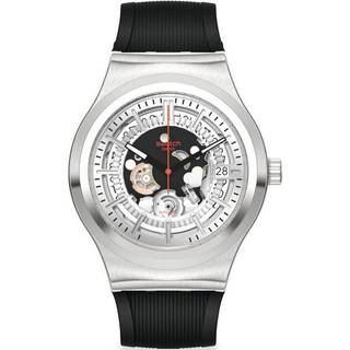 Swatch Irony Sistem51 Sistem Though Again Automatic Silver Skeleton Dial Black Rubber Strap Men’s Watch YIS431