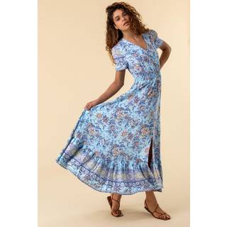 Roman Roman Blue Floral Print Shirred Waist Maxi Dress