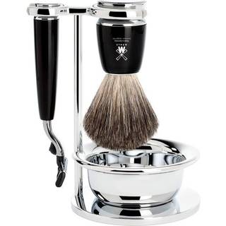 Mühle Barbersæt med Mach3 Skraber, Barberkost, Holder og Skål, Rytmo, Sort Kunstharpiks